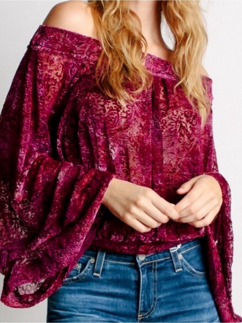 Free People Sheer Off-Shoulder Velvet Burnout Top